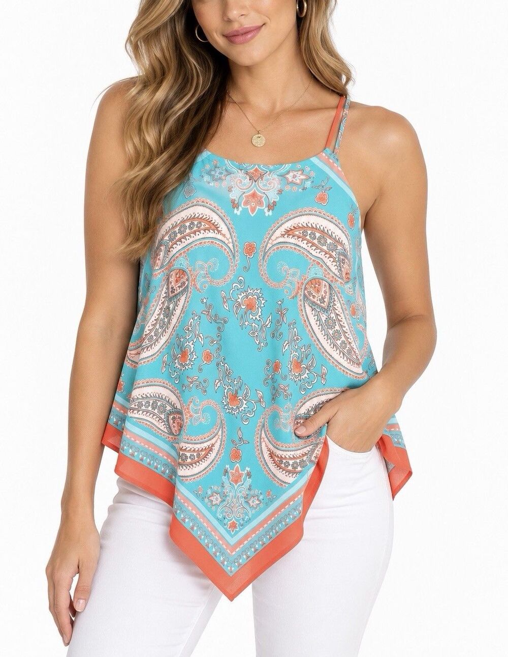 Heart & Soul Womens L Turquoise Paisley Sleeveless Handkerchief Hem Tank Top